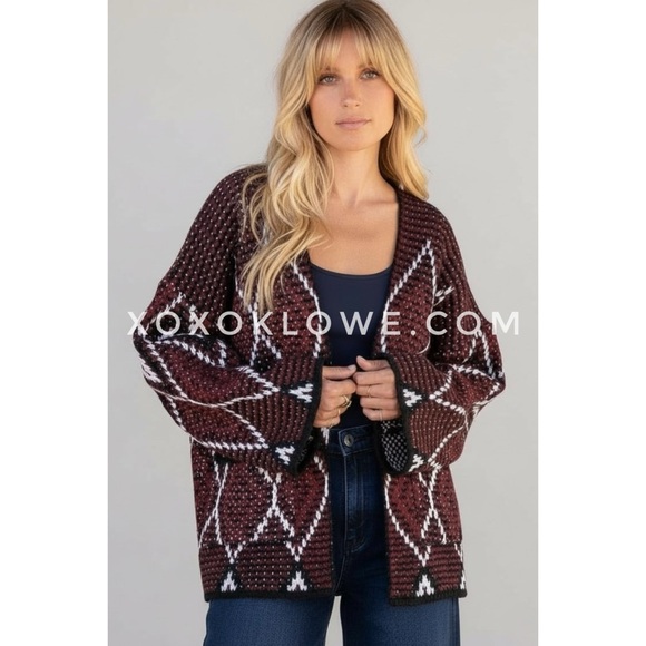 POL Sweaters - POL Burgundy Diamond Pattern Cardigan | Southwestern Chunky Knit Relaxed Fit